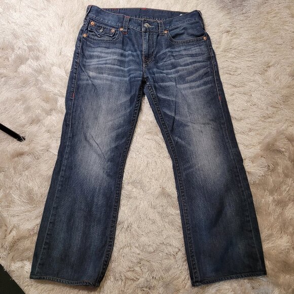 True Religion Mens Bootcut Jeans Sz 34 Whiskered Blue - Picture 3 of 12